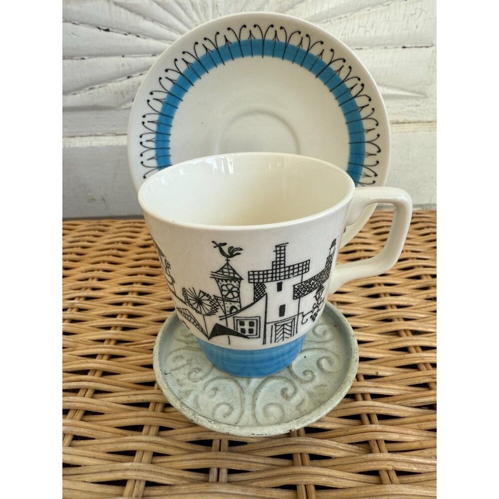 Vintage MCM Norway Stavangerflint Fishing Village Coffee/Tea cup And Saucer Blue